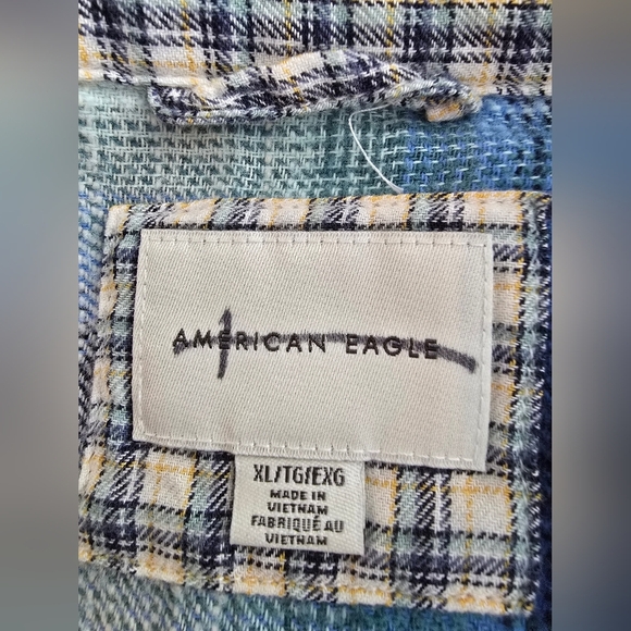 Amerivan Eaglw Plaid Blue and Cream Button Down Shirt - Picture 2 of 9